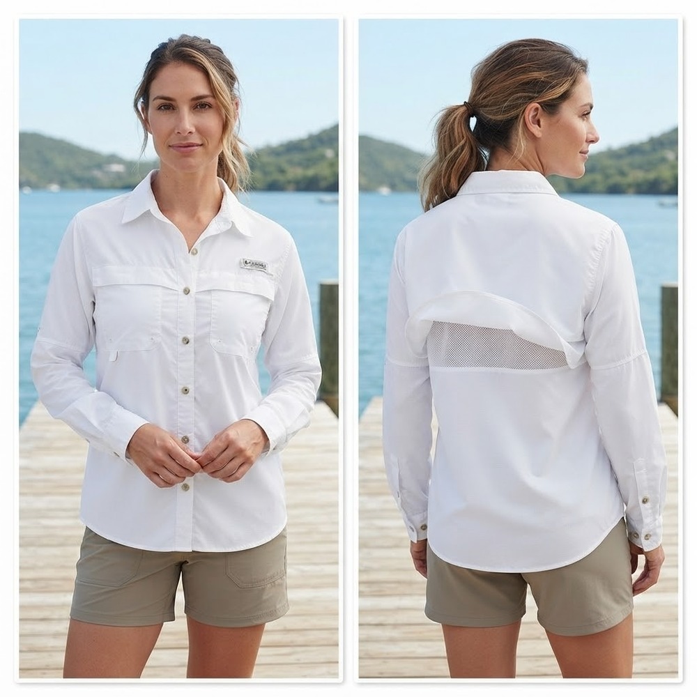 Columbia PFG Bahama II Long Sleeve Fishing Shirt White Womens Large UPF 30 Vent